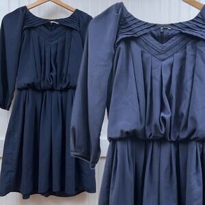 Jessica Simpson Navy Blue Pleated V-Neck Dress Classic A-Line Long Sleeve Zip
